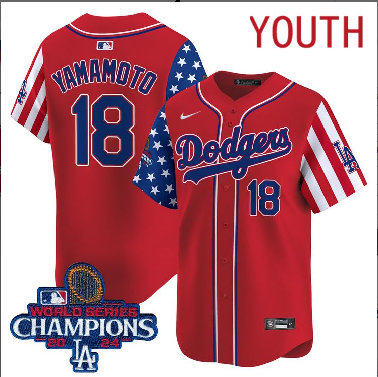 Youth  MLB Los Angeles Dodgers #18 Yamamoto American Style red 2024 World Series Champions  Limited Jersey